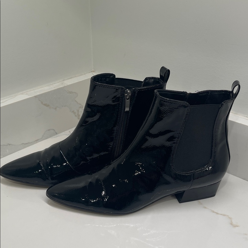 Franco Sarto Pointed Toe Black Patent Leather Ankle Bootie. W 11